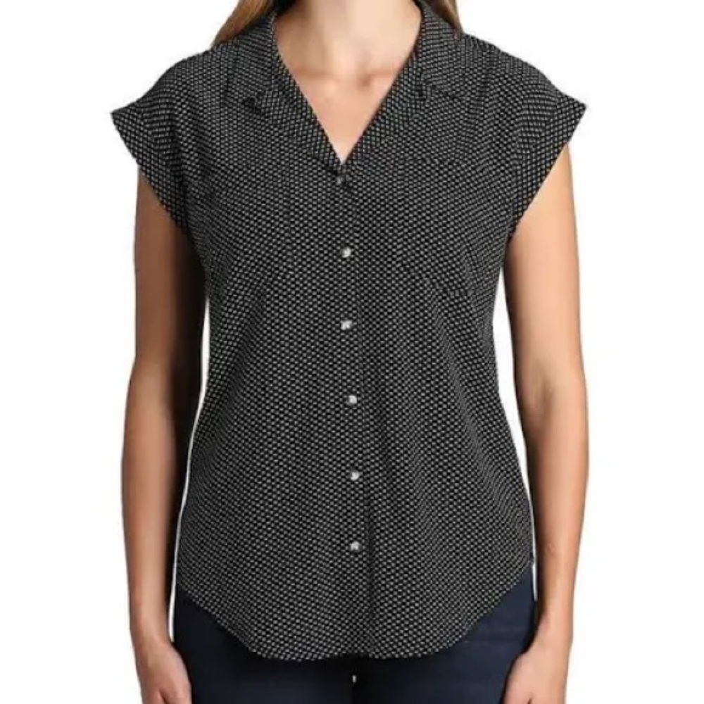 Jachs‎ Girlfriend Black White Geometric Print Cap Sleeve Button Up Top Large